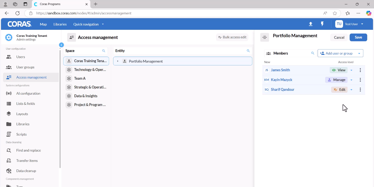 Assigning access levels to individuals and saving