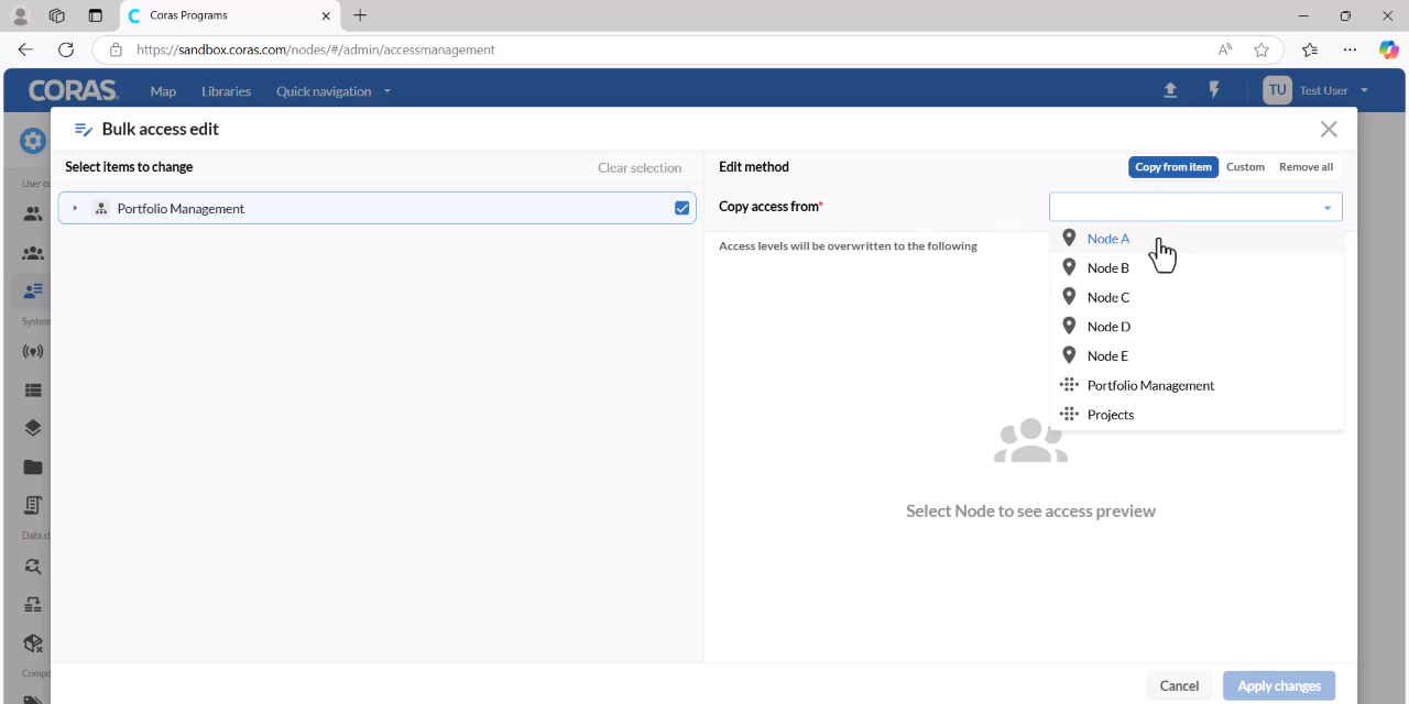 Bulk access editing with a space selected on the left and members listed on the right