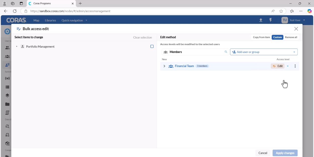 Setting access levels for a selected user group