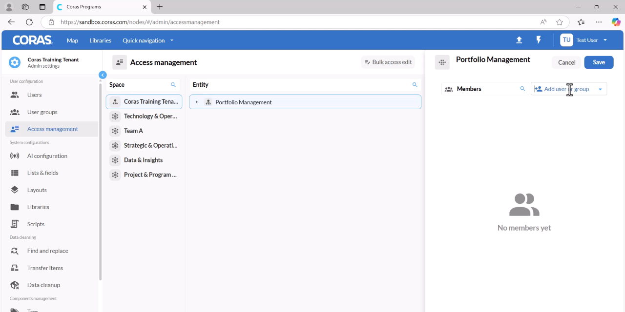 Access Management view showing spaces and entities