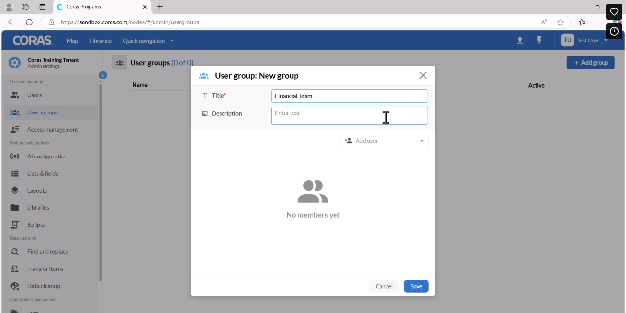 Add Group dialog with title and description fields