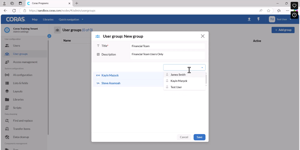 Dropdown menu for selecting users to add to the group