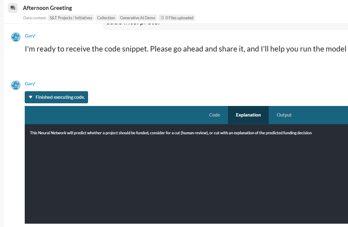 Gary executing code with tabs for Code, Explanation, and Output â showing a neural network for funding predictions