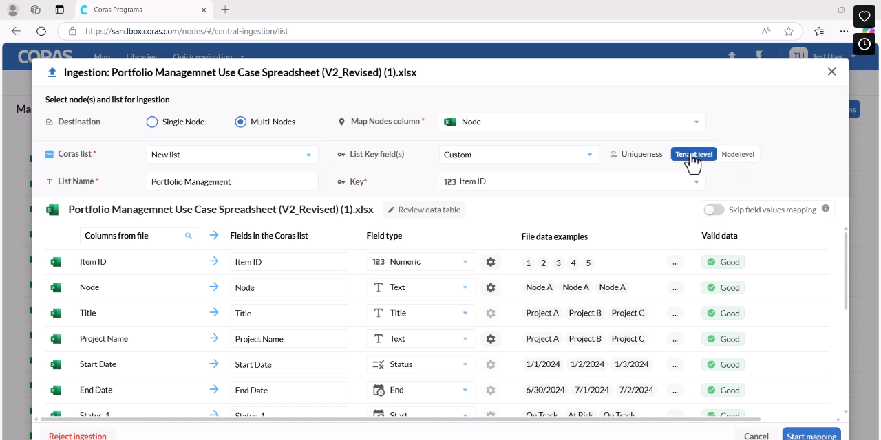 Unique ID key field options showing Custom selected with Item ID