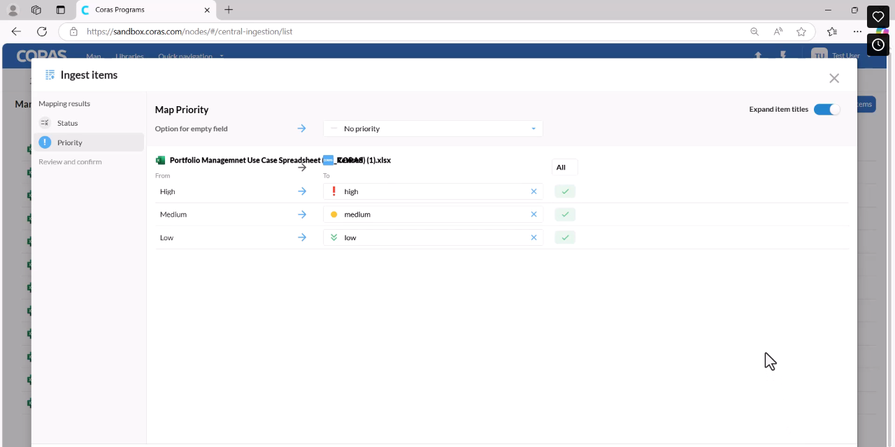 Verification screen showing matched items with green check marks