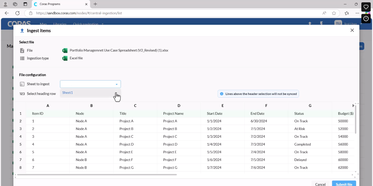 Sheet selection dropdown and header row configuration