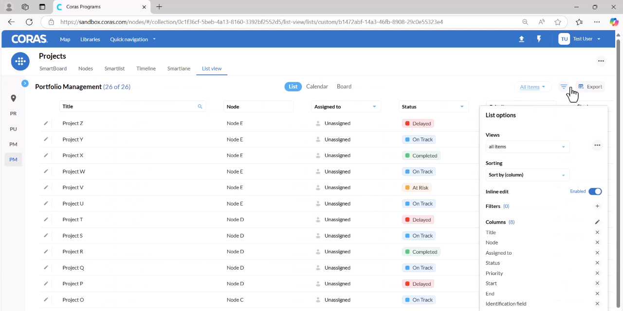 List Options panel opened with Column section visible