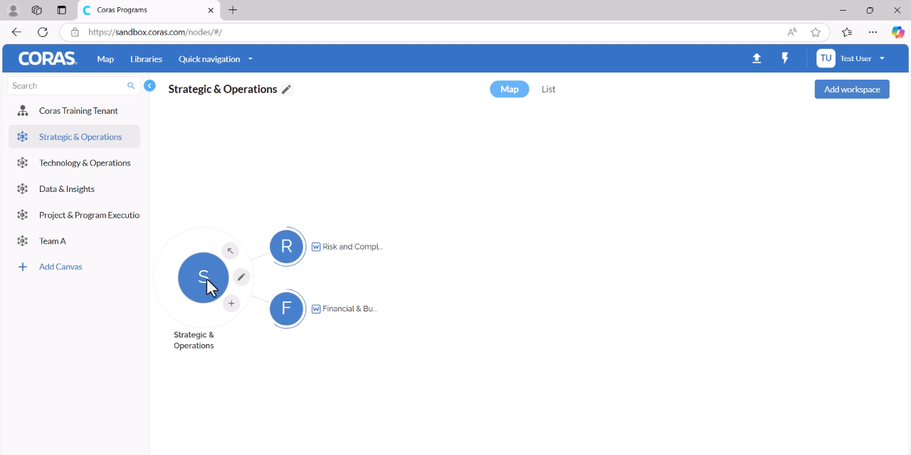 Viewing workspaces in map form with the canvas as the root