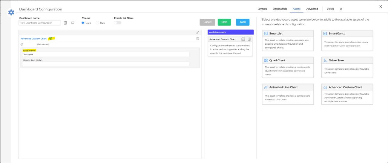 Naming the Advanced Custom Chart asset and accessing settings