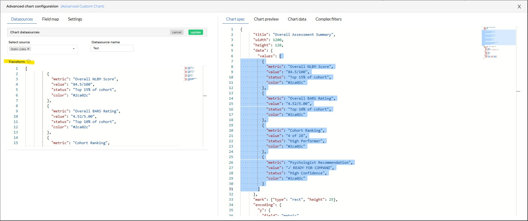Pasting values into the Static Data transform area