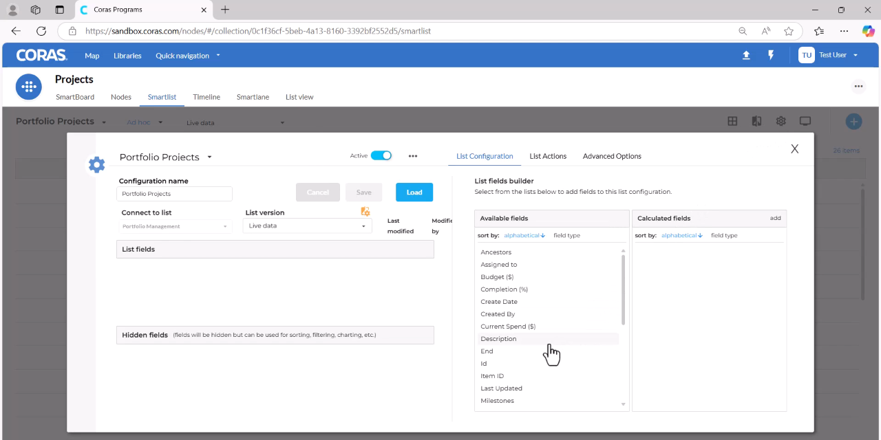 Settings panel showing available fields to add to the smart list