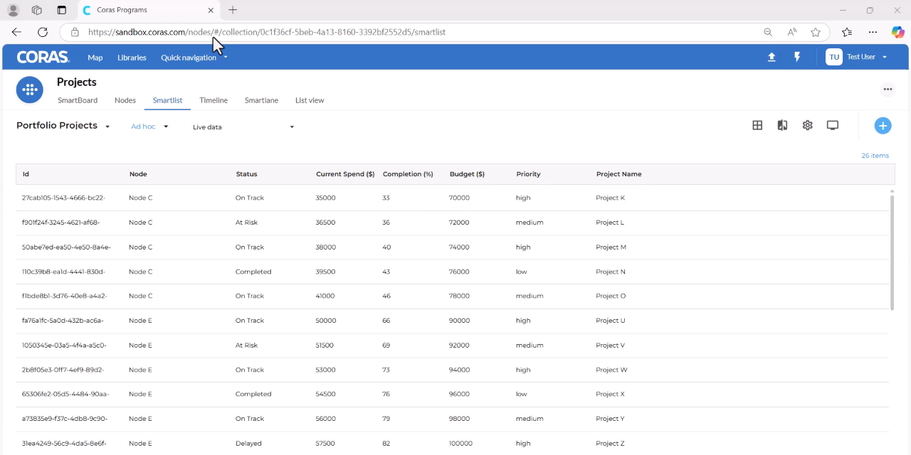 Completed smart list showing the configured fields as columns