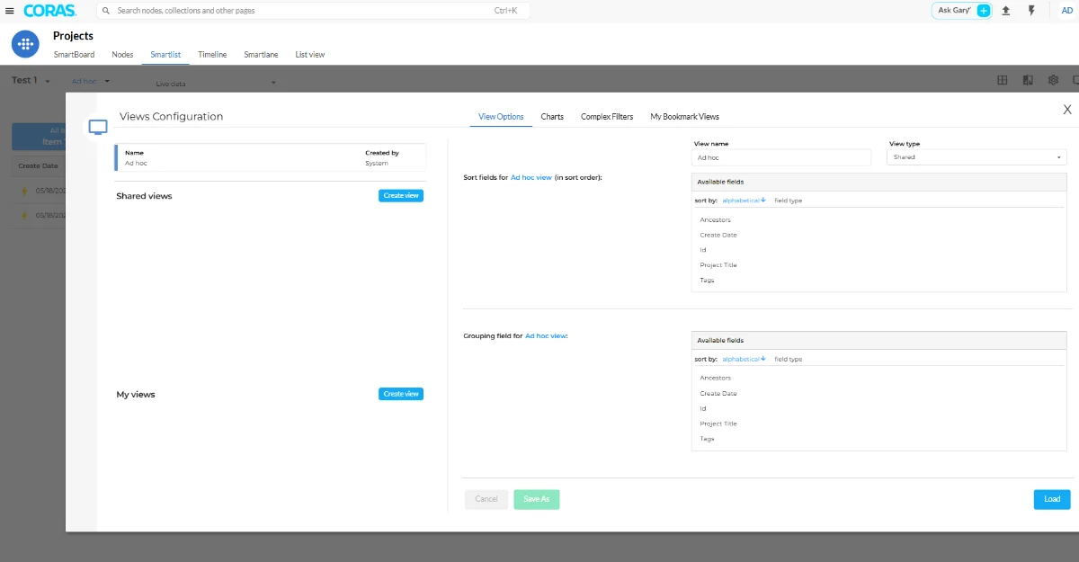 View type selection showing Shared Views and My Views options